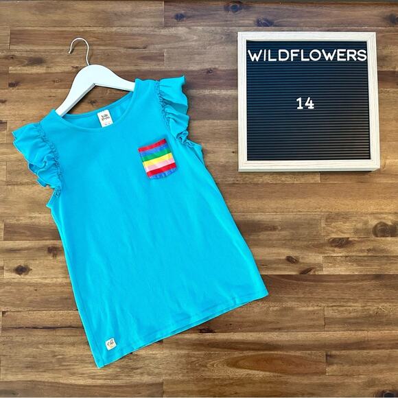 Wildflowers Back to School Recess Rib Tank Top Blue Ruffle Sleeve Rainbow 14 - Picture 1 of 7